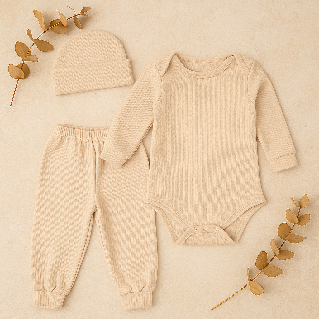 👶 Conjunto 3 Piezas para Bebé – Body, Pantalón y Gorro 🌿