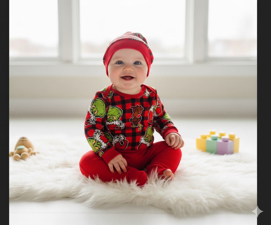 Conjunto Navideño "Pequeño Grinch" a Cuadros - Body, Pantalón y Gorro