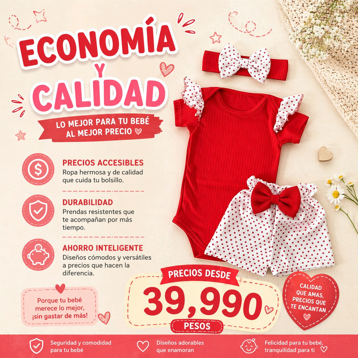 Conjunto Bebé Rojo con Lunares – 3 Piezas (Body + Short + Cinta)