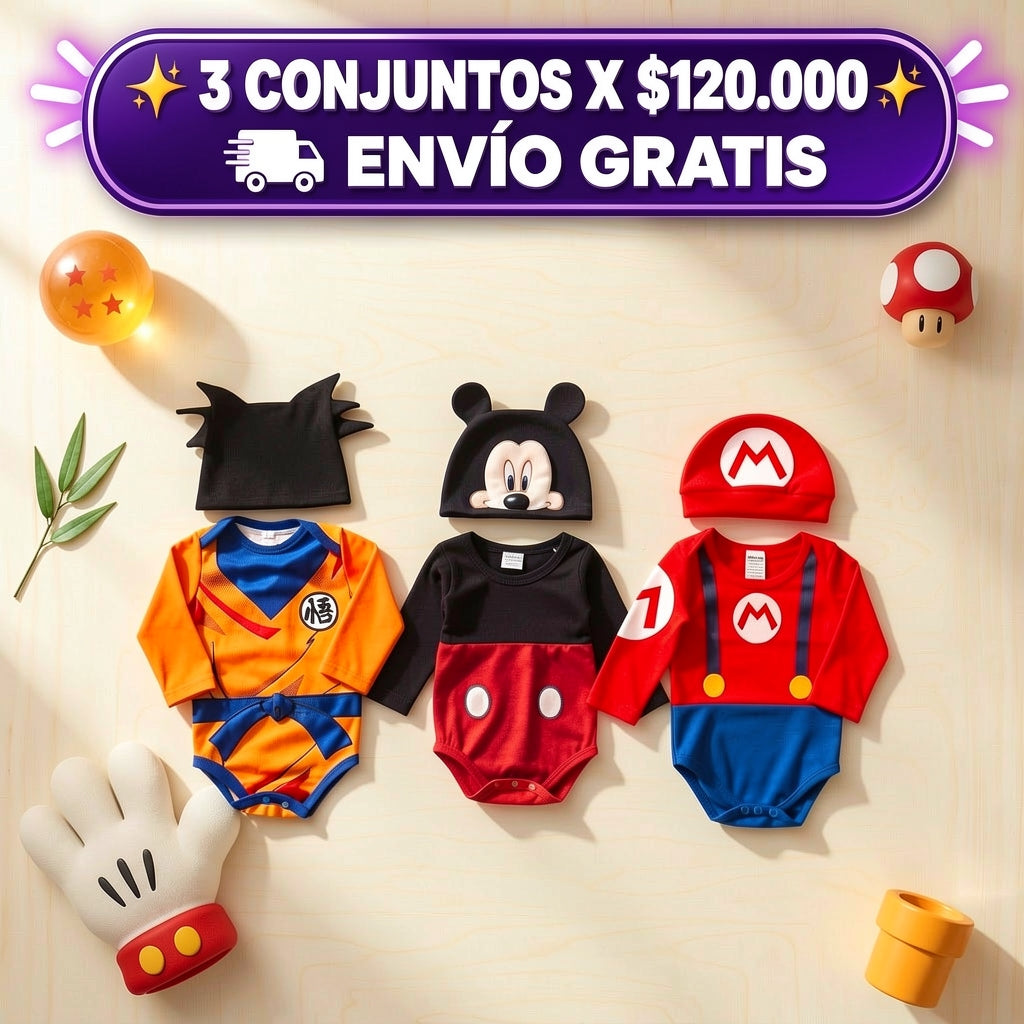 Combo x3 Conjuntos para Bebé |Mickey Mario y Goku