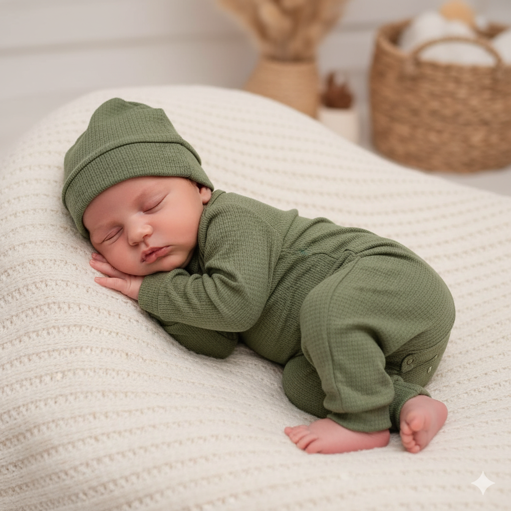 🧸 Conjunto de 3 piezas para bebé niño – body, pantalón y gorrito verde suave
