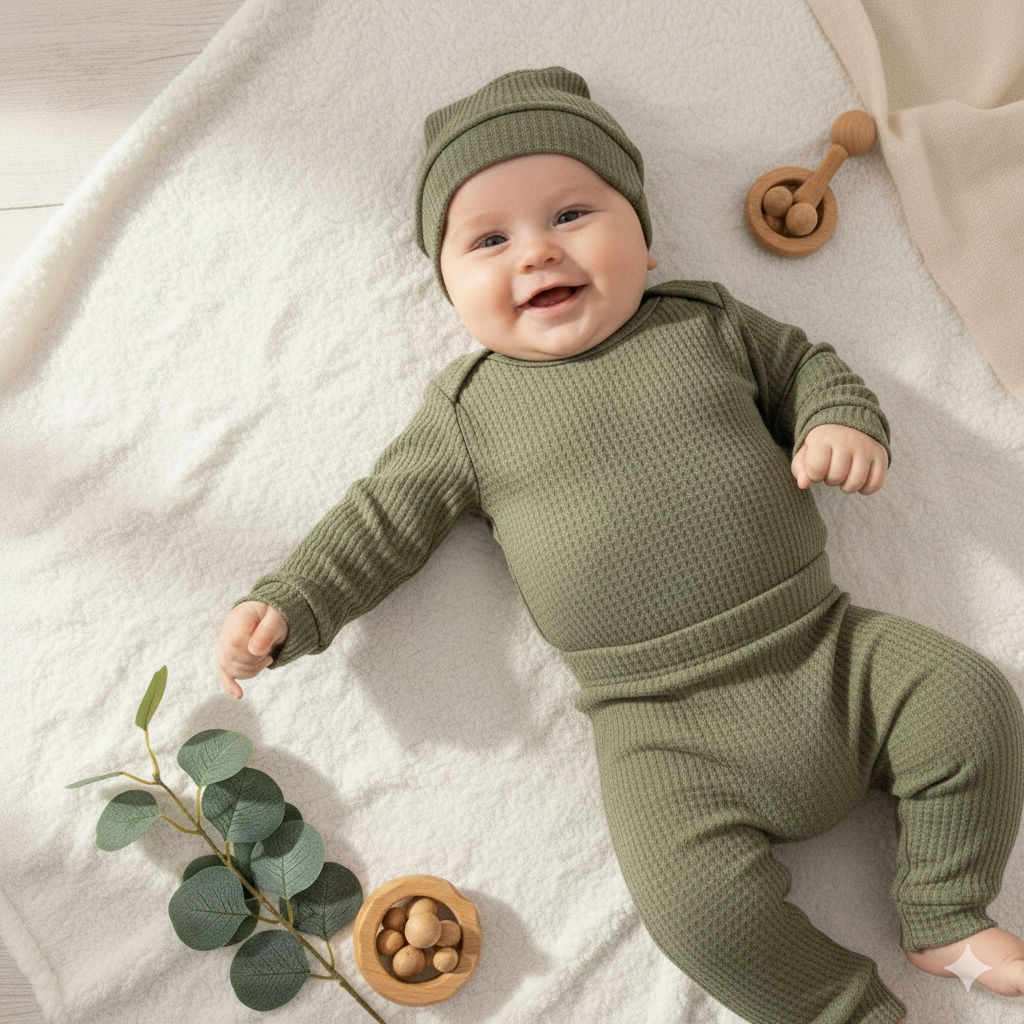 🧸 Conjunto de 3 piezas para bebé niño – body, pantalón y gorrito verde suave
