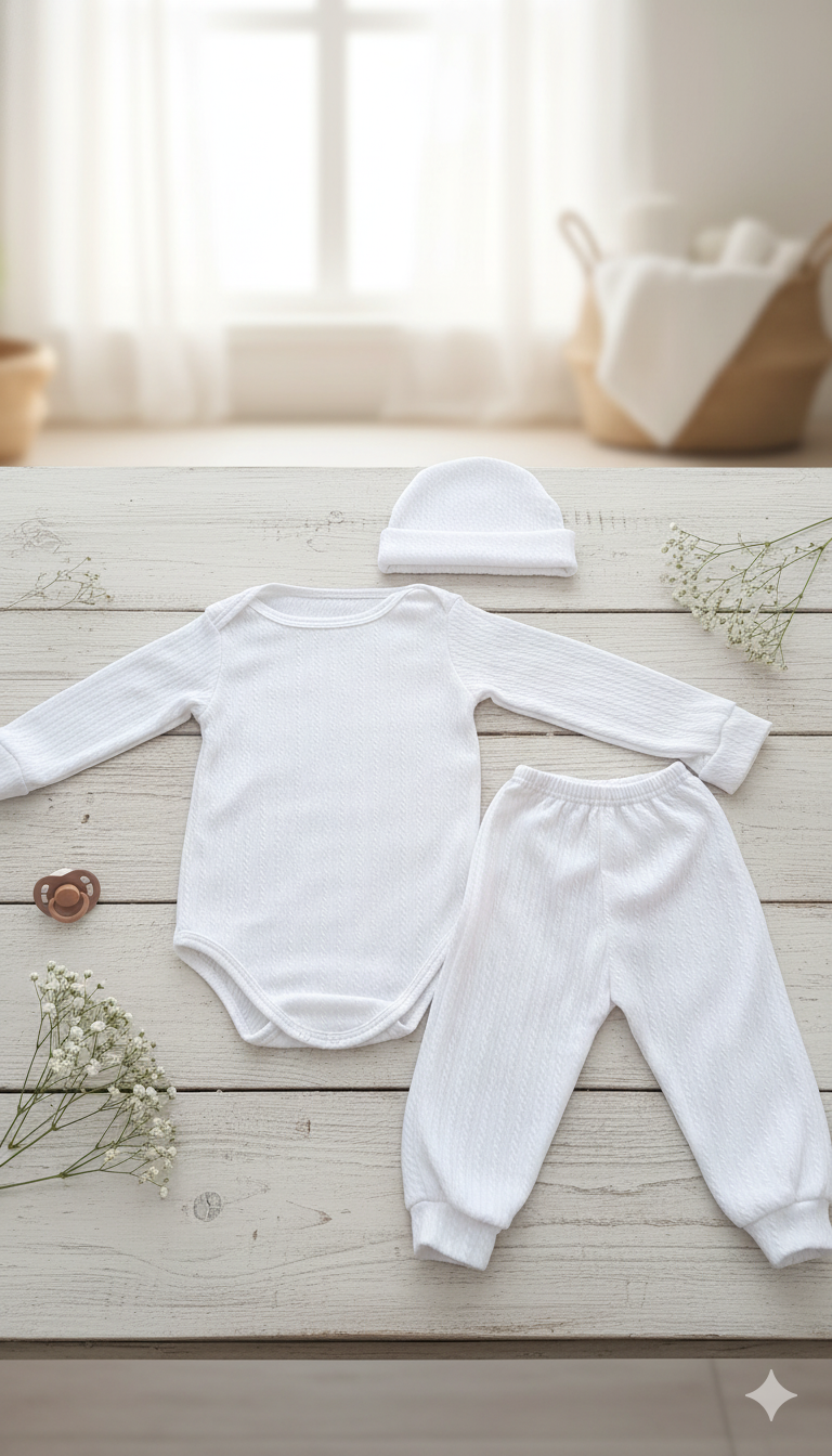 🤍 Conjunto blanco de 3 piezas para bebé niño – body, pantalón y gorrito