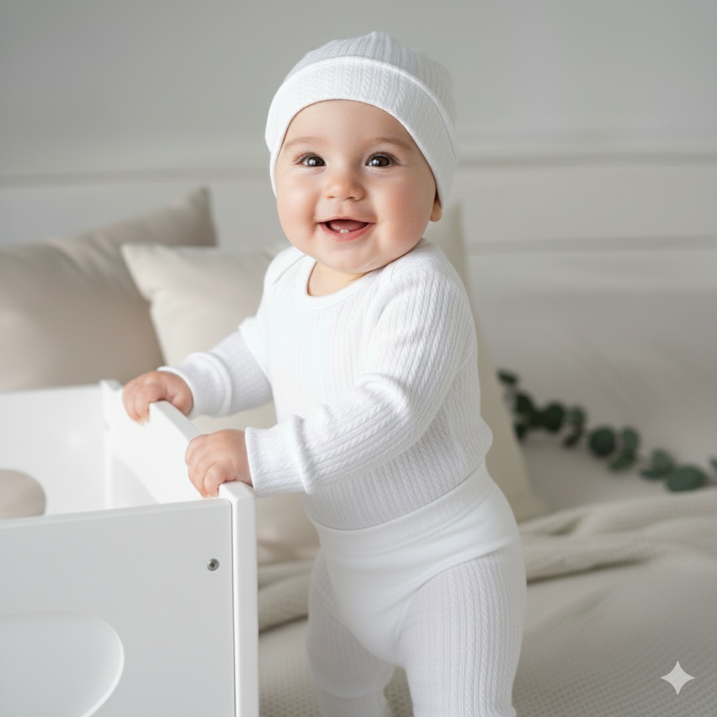 🤍 Conjunto blanco de 3 piezas para bebé niño – body, pantalón y gorrito