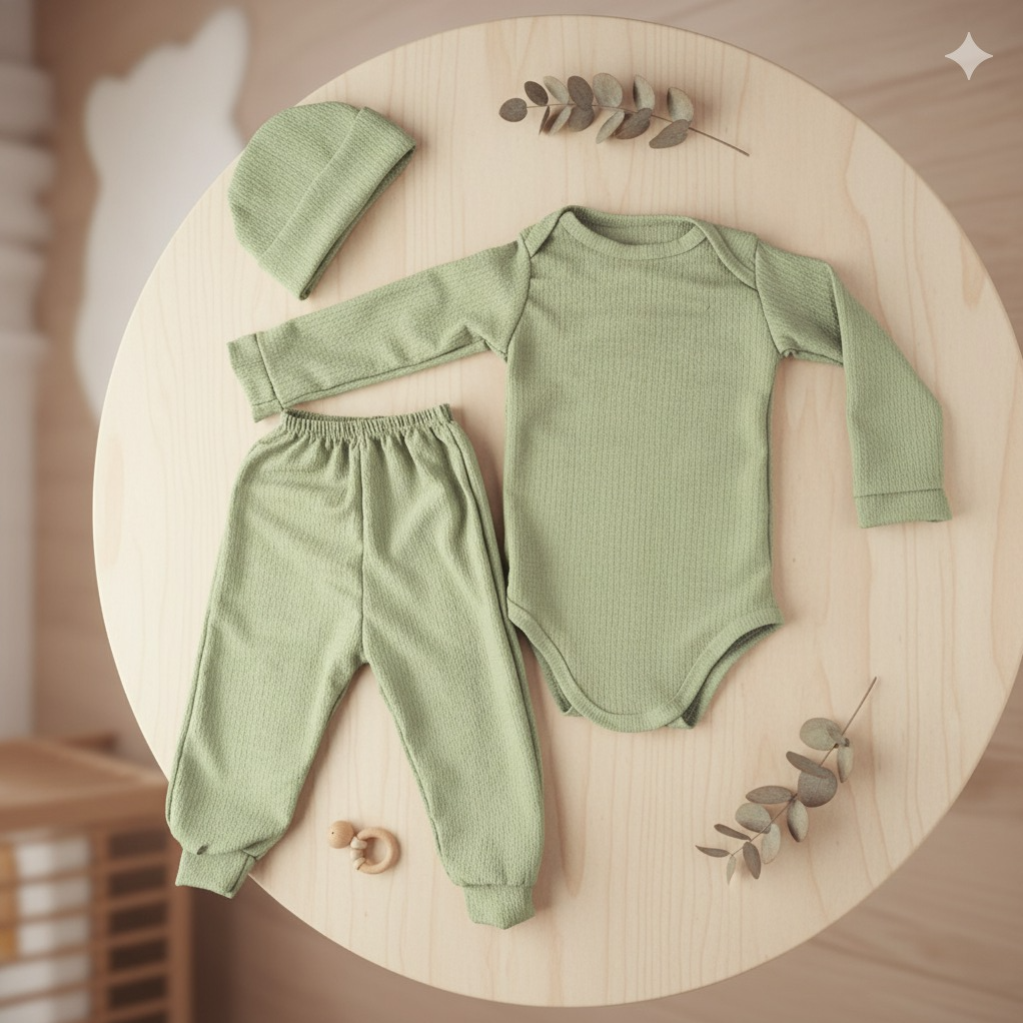 🧸 Conjunto de 3 piezas para bebé niño – body, pantalón y gorrito verde suave
