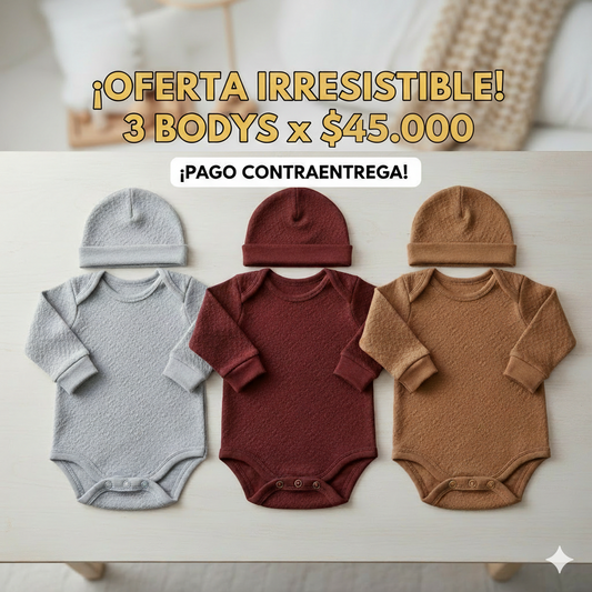 Pack 3 Bodys y Gorros para Bebé - Estilo, suavidad y  Confort Garantizado