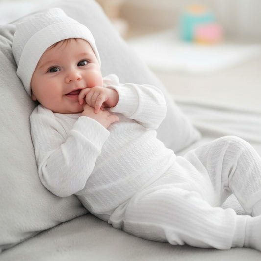 🤍 Conjunto blanco de 3 piezas para bebé niño – body, pantalón y gorrito