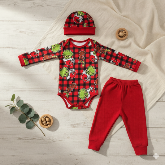 Conjunto Navideño "Pequeño Grinch" a Cuadros - Body, Pantalón y Gorro
