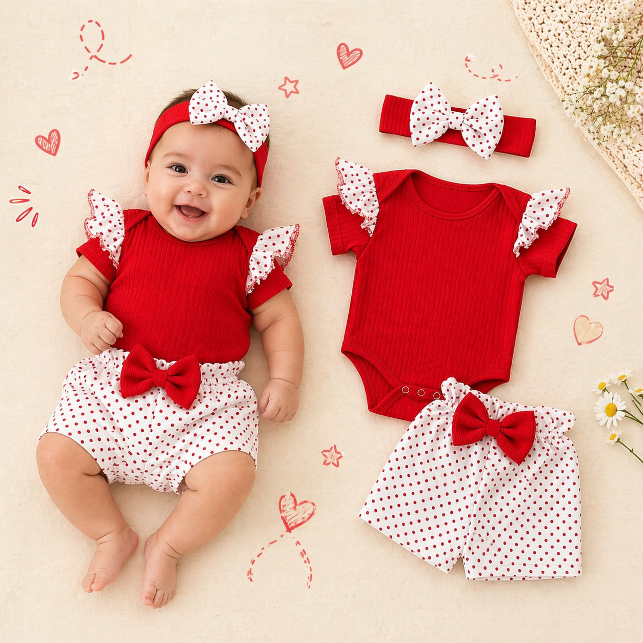 Conjunto Bebé Rojo con Lunares – 3 Piezas (Body + Short + Cinta)