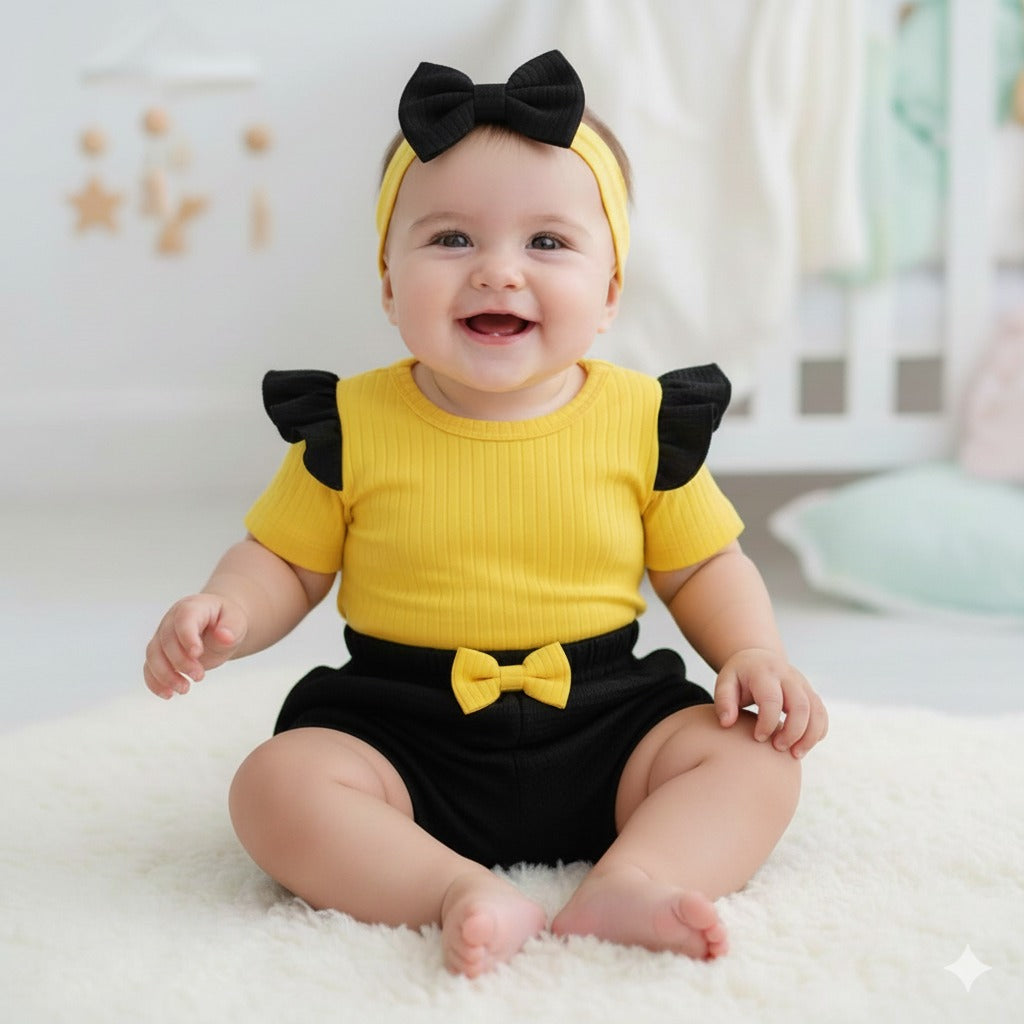 Conjunto Bebé Amarillo con Negro – 3 Piezas (Body + Short + Cinta)