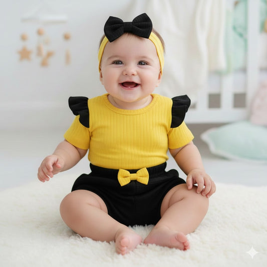Conjunto Bebé Amarillo con Negro – 3 Piezas (Body + Short + Cinta)
