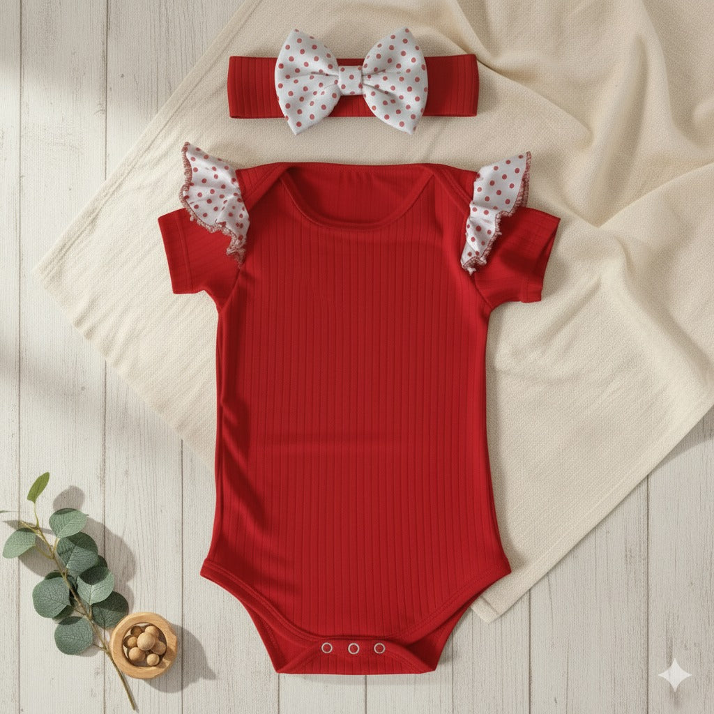 Conjunto Bebé Rojo con Lunares – 3 Piezas (Body + Short + Cinta)