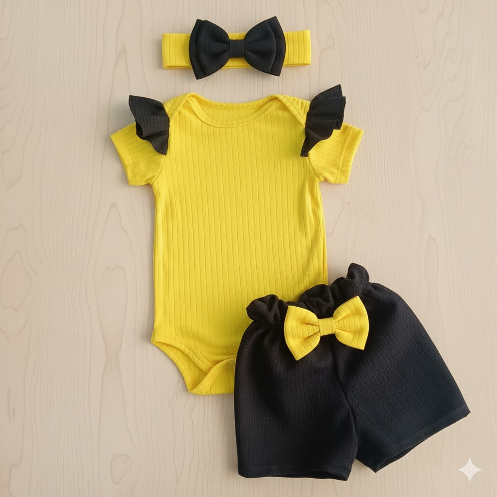 Conjunto Bebé Amarillo con Negro – 3 Piezas (Body + Short + Cinta)