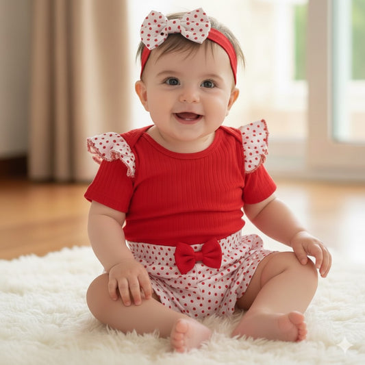 Conjunto Bebé Rojo con Lunares – 3 Piezas (Body + Short + Cinta)